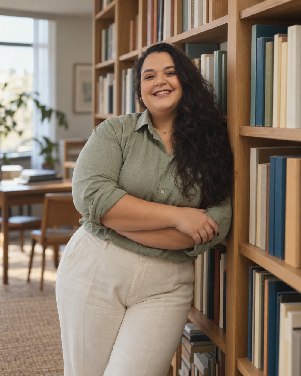 Bianca Nemer, psicóloga, sorrindo de braços cruzados ao lado de uma estante de livros