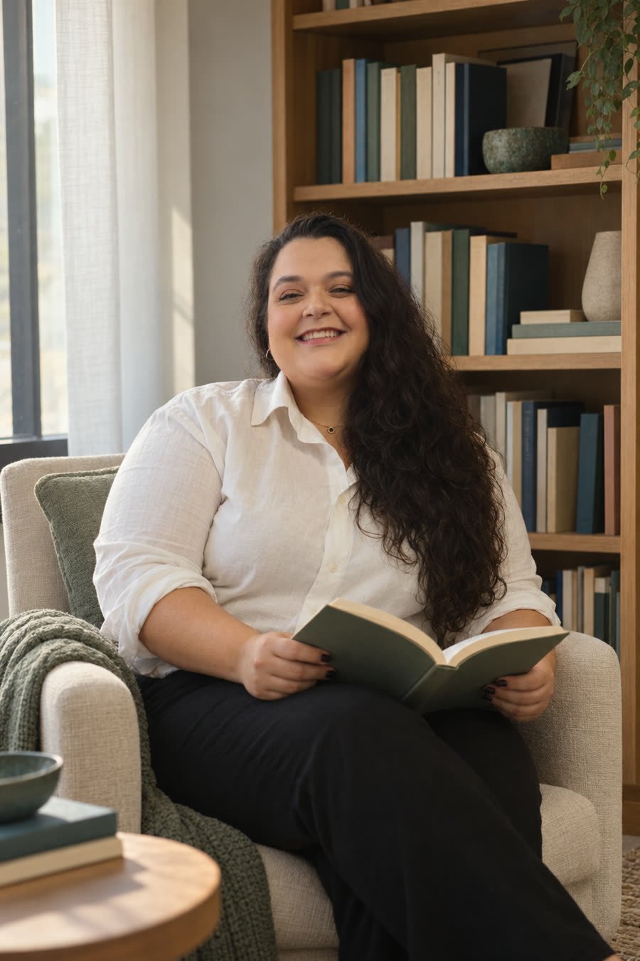 Bianca Nemer sentada numa poltrona com um livro aberto no colo, sorrindo
